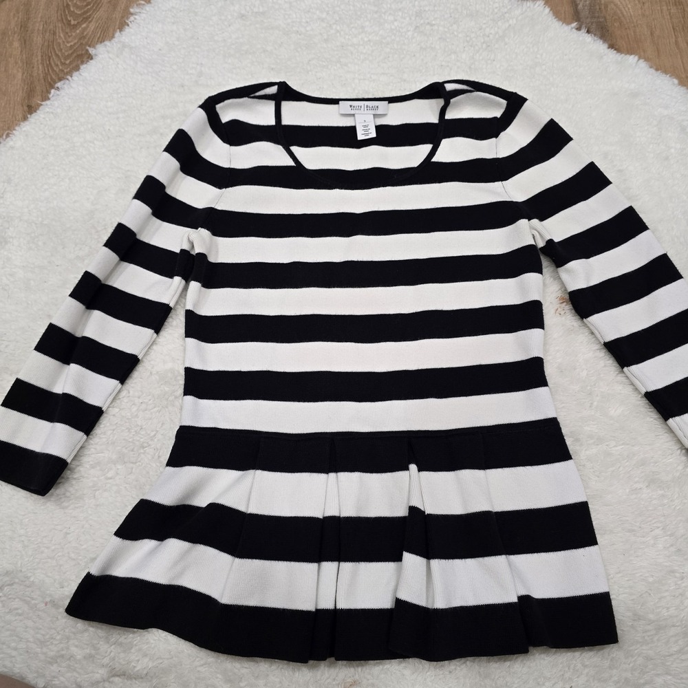 White House Black Market Striped Peplum Sweater Knit Top Size S Black & White‎